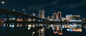 Preview wallpaper city, buildings, bridge, lights, night, reflection, dark