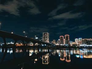 Preview wallpaper city, buildings, bridge, lights, night, reflection, dark