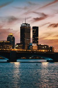 Preview wallpaper city, buildings, bridge, water, twilight, sunset