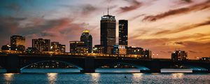 Preview wallpaper city, buildings, bridge, water, twilight, sunset