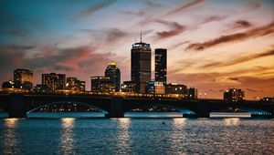 Preview wallpaper city, buildings, bridge, water, twilight, sunset