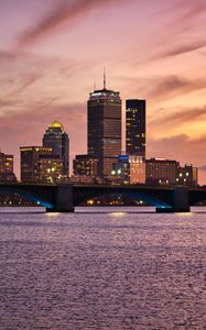 Preview wallpaper city, buildings, bridge, water, lights, twilight