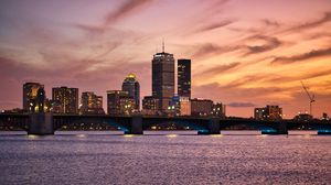 Preview wallpaper city, buildings, bridge, water, lights, twilight