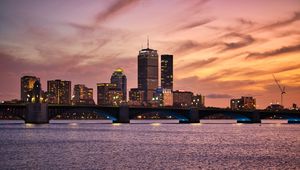 Preview wallpaper city, buildings, bridge, water, lights, twilight