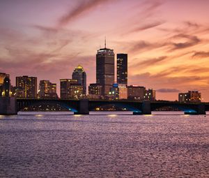 Preview wallpaper city, buildings, bridge, water, lights, twilight