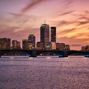 Preview wallpaper city, buildings, bridge, water, lights, twilight