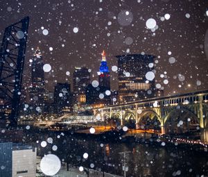 Preview wallpaper city, buildings, bridge, snow, bokeh