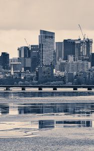 Preview wallpaper city, buildings, bridge, river, reflection, black and white