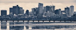 Preview wallpaper city, buildings, bridge, river, reflection, black and white