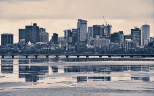 Preview wallpaper city, buildings, bridge, river, reflection, black and white