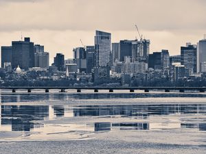 Preview wallpaper city, buildings, bridge, river, reflection, black and white