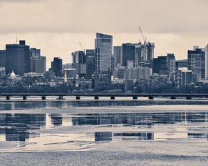 Preview wallpaper city, buildings, bridge, river, reflection, black and white