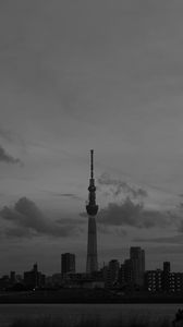 Preview wallpaper city, buildings, bw, tower, architecture, river, panorama