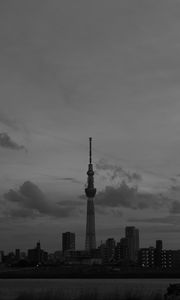 Preview wallpaper city, buildings, bw, tower, architecture, river, panorama