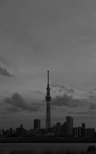 Preview wallpaper city, buildings, bw, tower, architecture, river, panorama