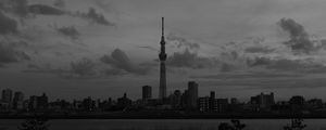 Preview wallpaper city, buildings, bw, tower, architecture, river, panorama