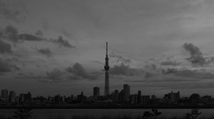 Preview wallpaper city, buildings, bw, tower, architecture, river, panorama
