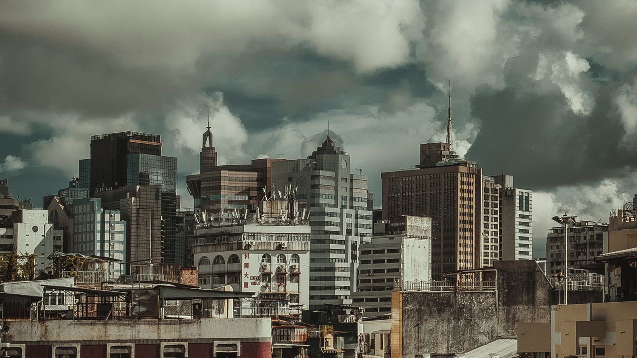 Wallpaper city, buildings, clouds, aerial view, overview