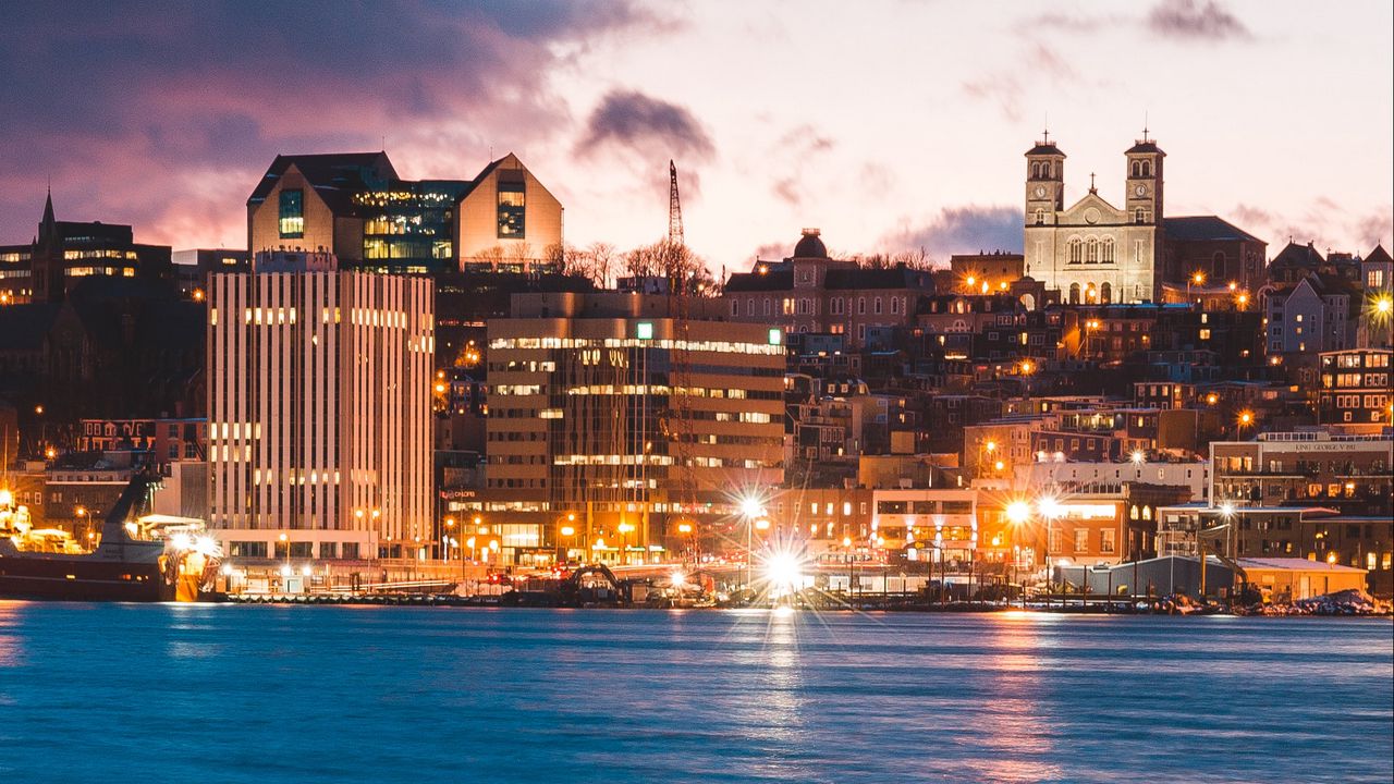 Wallpaper city, buildings, coast, dusk, lights