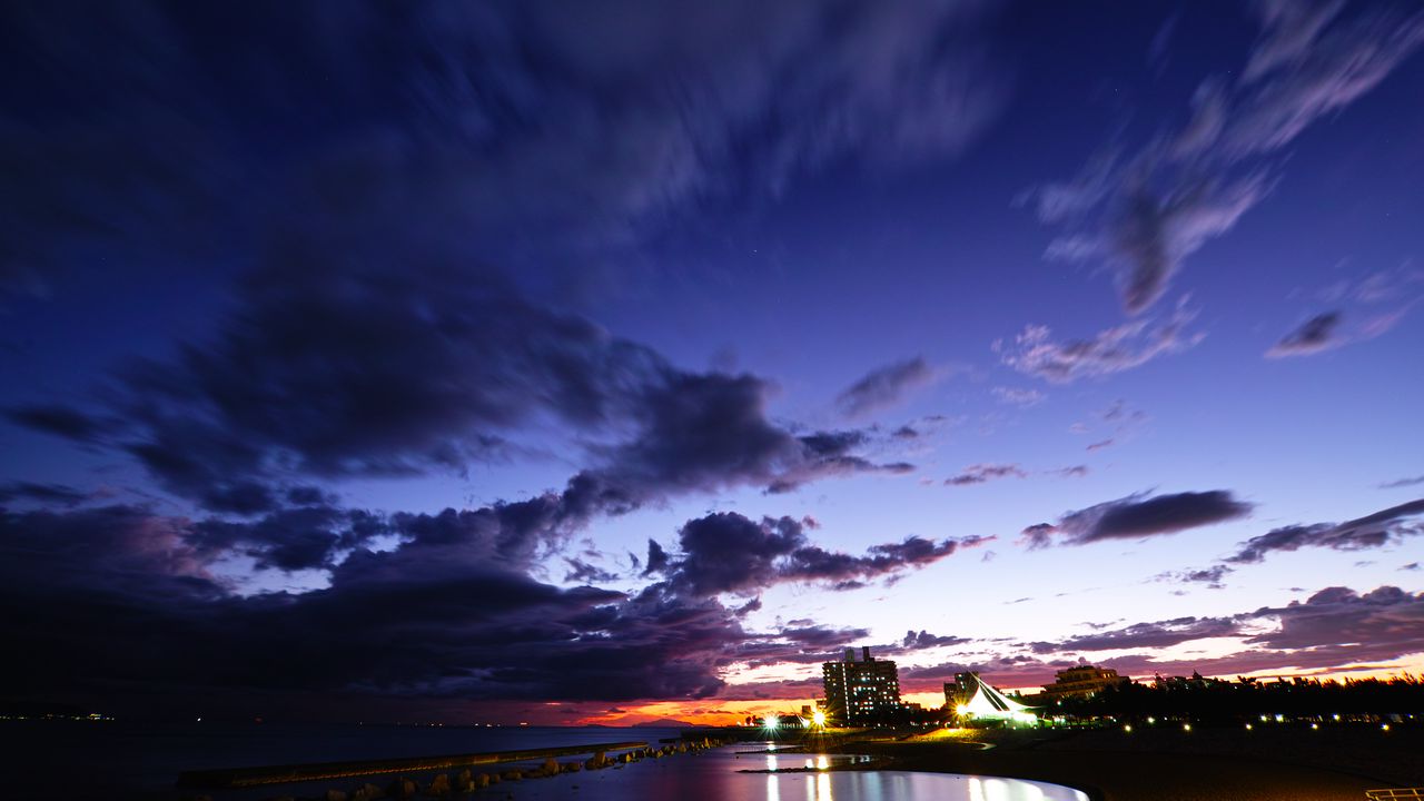 Wallpaper city, buildings, coast, dusk, dark