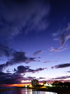 Preview wallpaper city, buildings, coast, dusk, dark