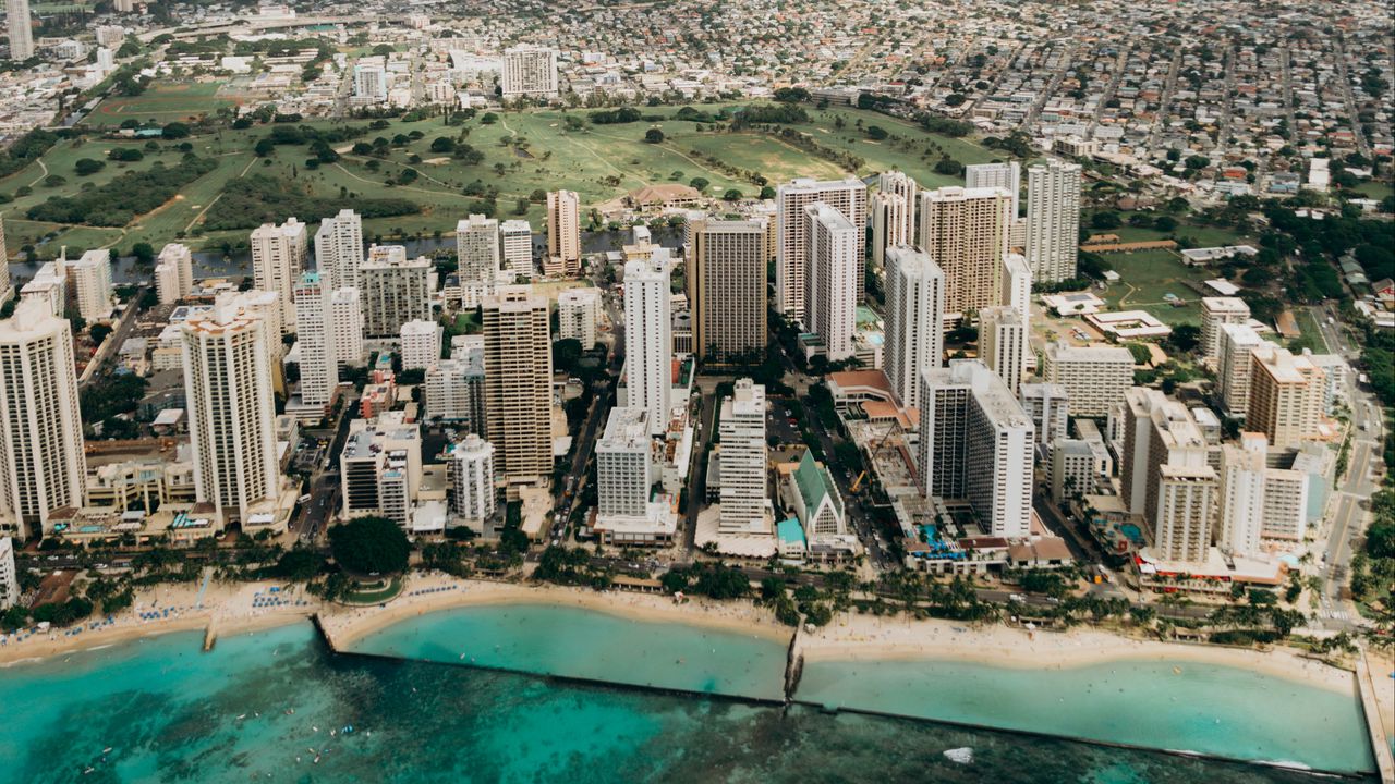 Wallpaper city, buildings, coast, beach