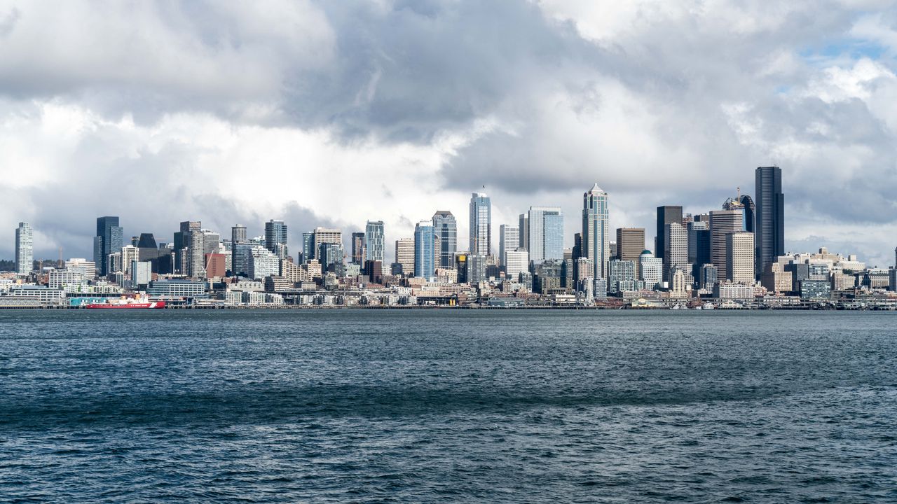 Wallpaper city, buildings, coast, water, waves
