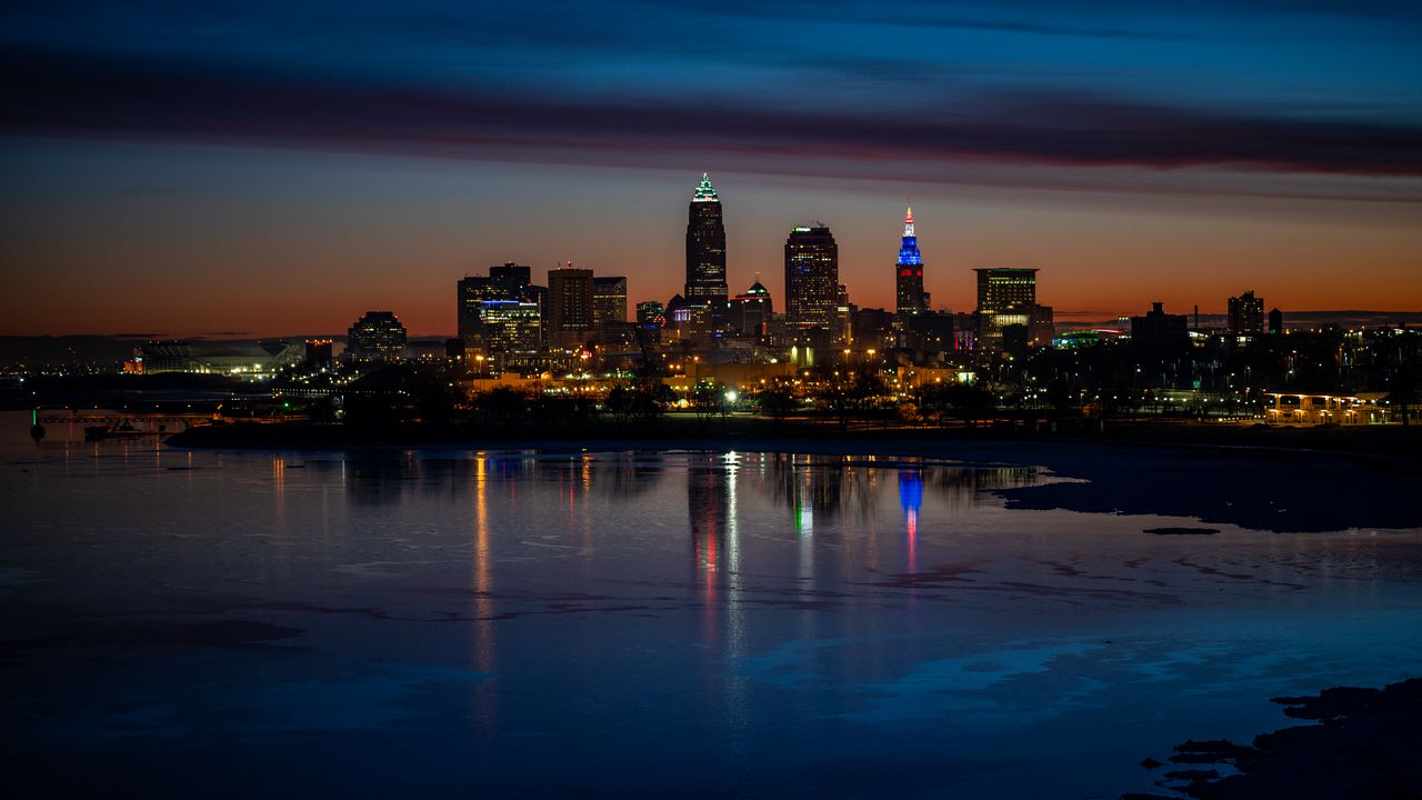 Wallpaper city, buildings, coast, lights, reflection, night