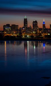 Preview wallpaper city, buildings, coast, lights, reflection, night