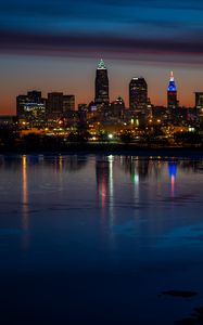 Preview wallpaper city, buildings, coast, lights, reflection, night