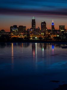 Preview wallpaper city, buildings, coast, lights, reflection, night