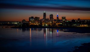 Preview wallpaper city, buildings, coast, lights, reflection, night