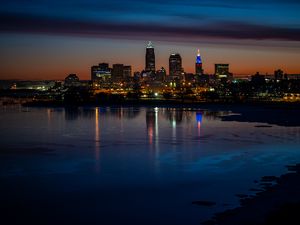 Preview wallpaper city, buildings, coast, lights, reflection, night