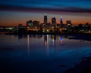 Preview wallpaper city, buildings, coast, lights, reflection, night