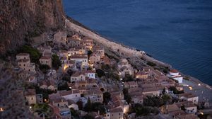Preview wallpaper city, buildings, coast, sea, aerial view