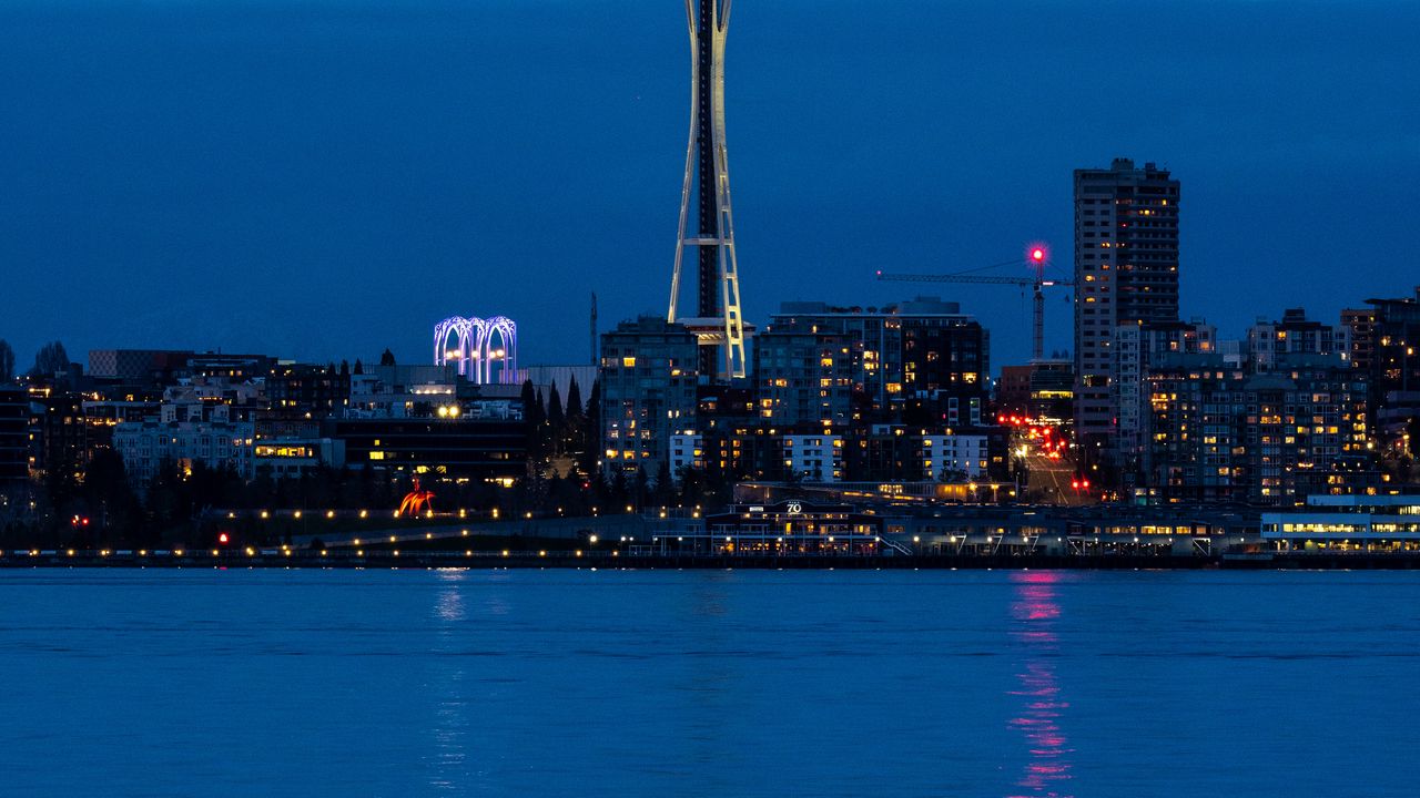 Wallpaper city, buildings, coast, reflection, night, seattle