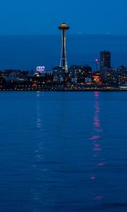 Preview wallpaper city, buildings, coast, reflection, night, seattle