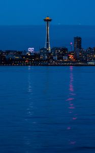 Preview wallpaper city, buildings, coast, reflection, night, seattle