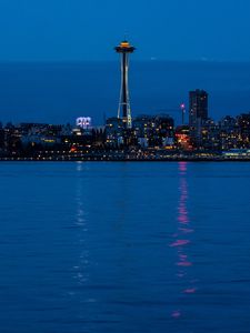 Preview wallpaper city, buildings, coast, reflection, night, seattle