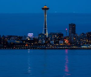 Preview wallpaper city, buildings, coast, reflection, night, seattle