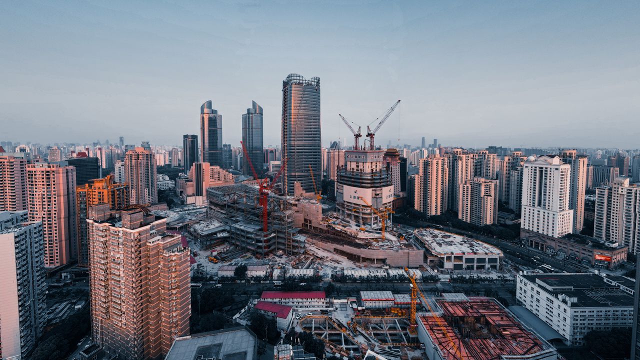 Wallpaper city, buildings, constructing, aerial view