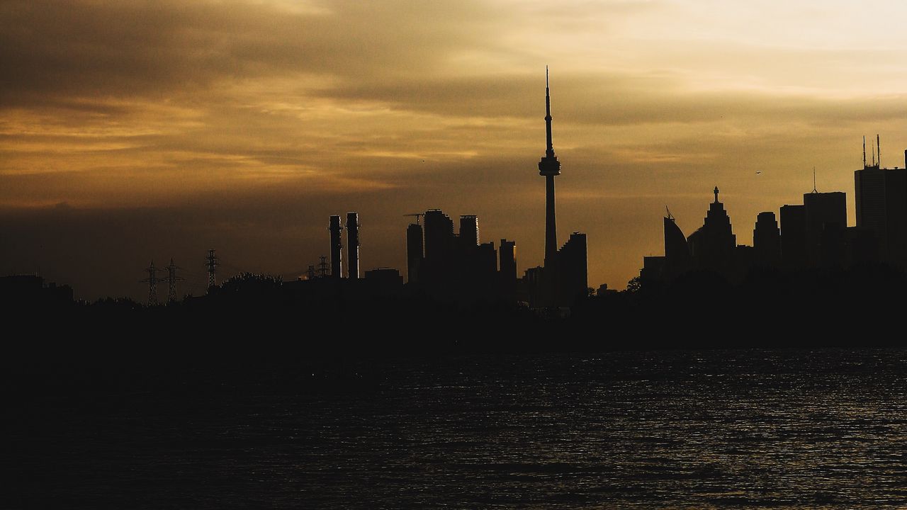 Wallpaper city, buildings, dark, coast, water