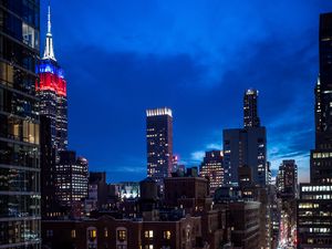 Preview wallpaper city, buildings, evening, road