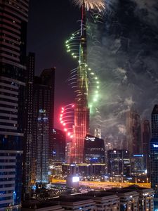 Preview wallpaper city, buildings, fireworks, night, holiday, dubai, uae