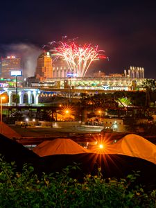 Preview wallpaper city, buildings, fireworks, sparks, night, dark