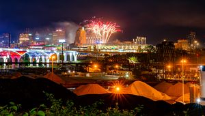 Preview wallpaper city, buildings, fireworks, sparks, night, dark