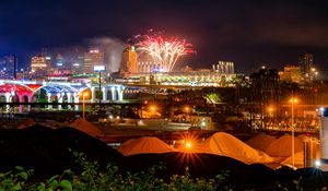 Preview wallpaper city, buildings, fireworks, sparks, night, dark