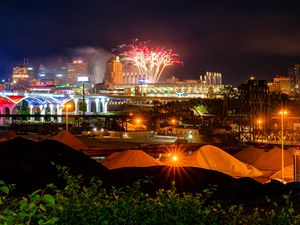 Preview wallpaper city, buildings, fireworks, sparks, night, dark