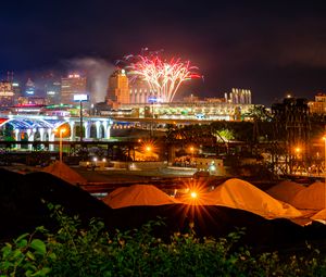 Preview wallpaper city, buildings, fireworks, sparks, night, dark