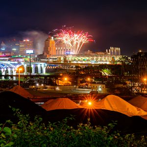 Preview wallpaper city, buildings, fireworks, sparks, night, dark